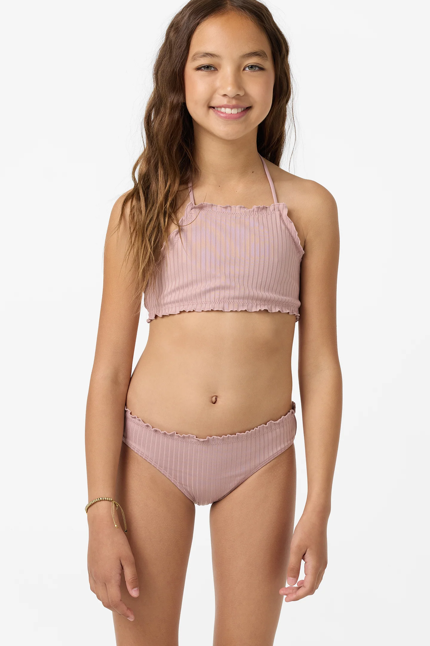 Girl's Shorebreak Rib Ruffle Edge Hi Neck Swim Set