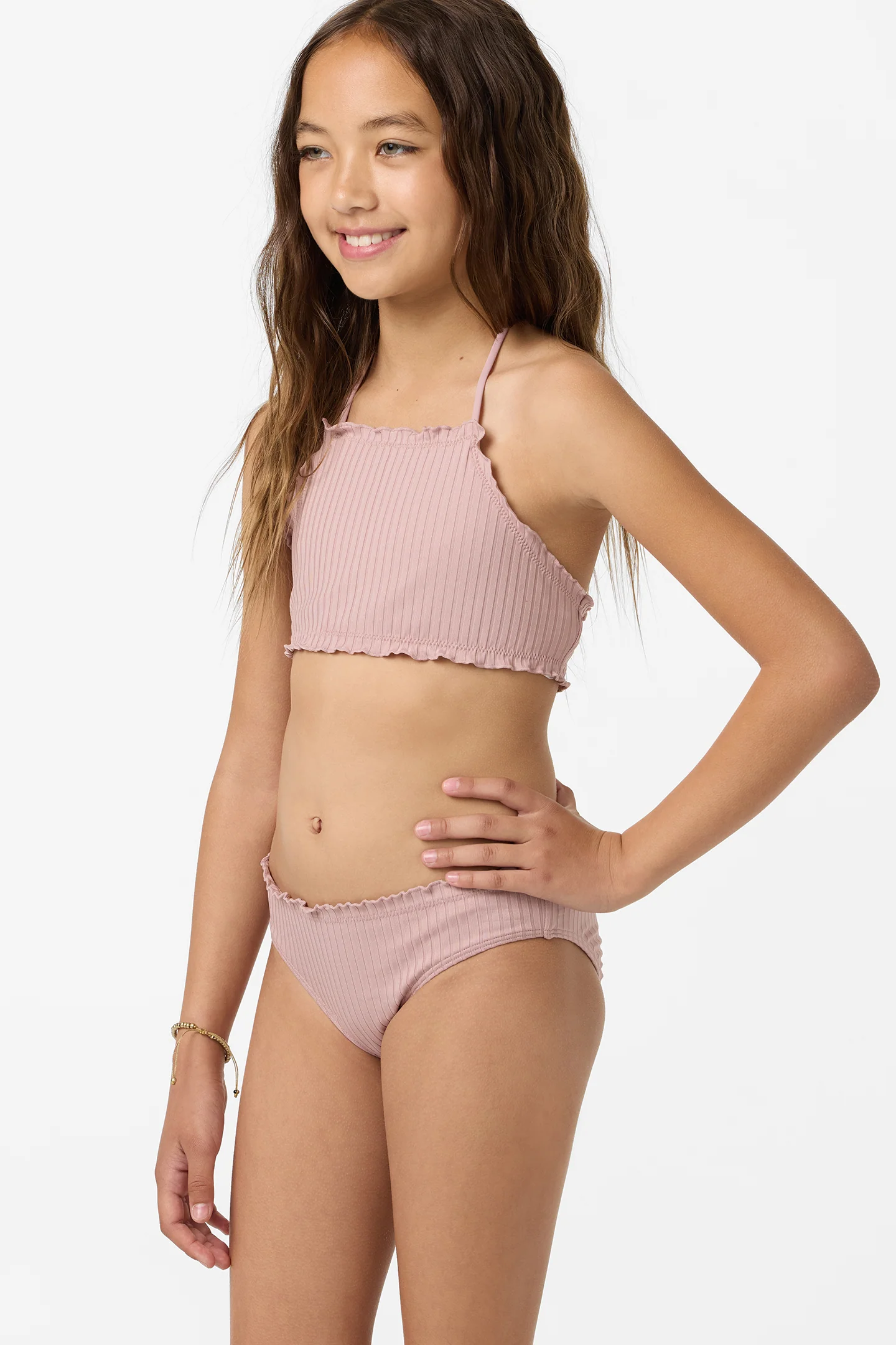 Girl's Shorebreak Rib Ruffle Edge Hi Neck Swim Set - Image 5